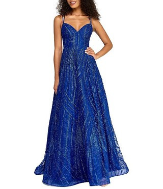 B. Darlin Glitter Patterned V-Neck Lace Up Back Ballgown | Dillard's | Dillard's
