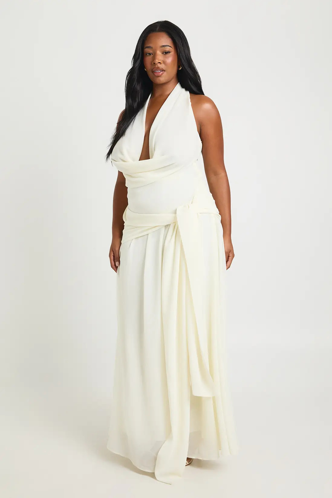 Ecru Plus Chiffon Extreme Cowl Neck Tie Waist Maxi Dress | Boohoo | Boohoo.com (UK & IE)