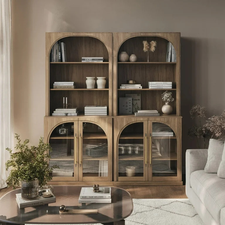 BELLEZE Glass Display Curio Cabinet Set of 2, 72" Tall Modern Wood 6-Tier Shelf Storage with Stur... | Walmart (US)