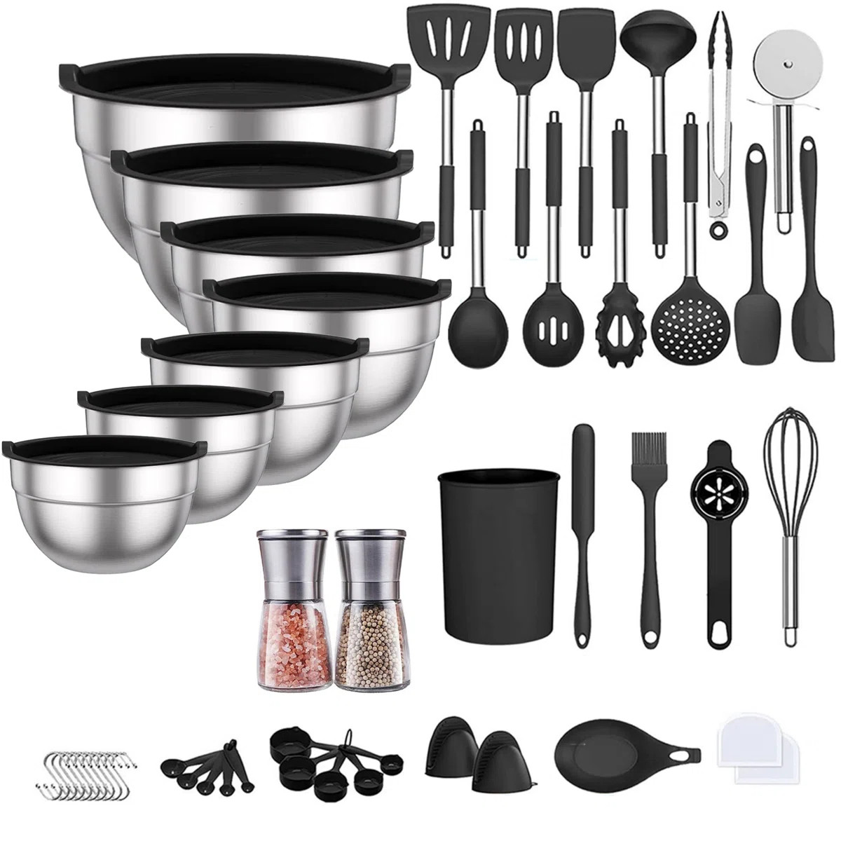 32-Piece Stainless Steel Cooking Utensil Set with 7-Piece Mixing Bowl Set with Lids | Wayfair North America