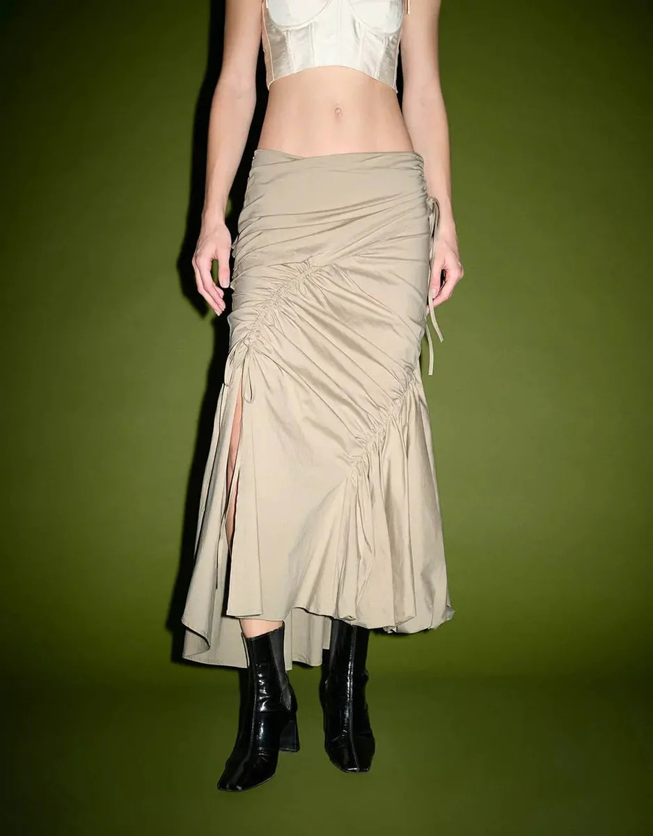 Cotton Blend Ruffle Midi Fishtail Ruched Skirt | Urban Revivo