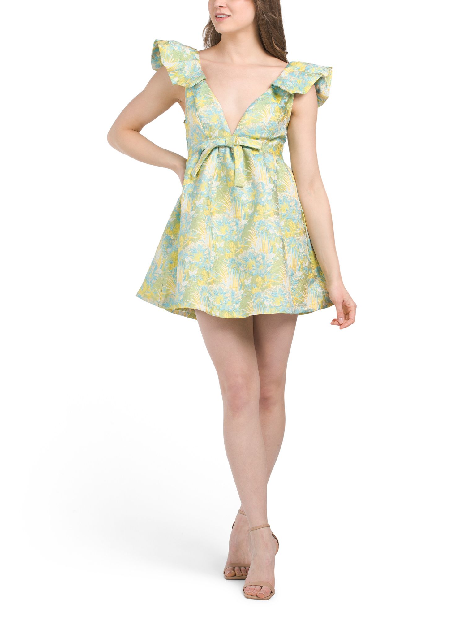 Flutter Sleeve Floral Jacquard Mini Dress With Bow | Juniors | Marshalls | Marshalls