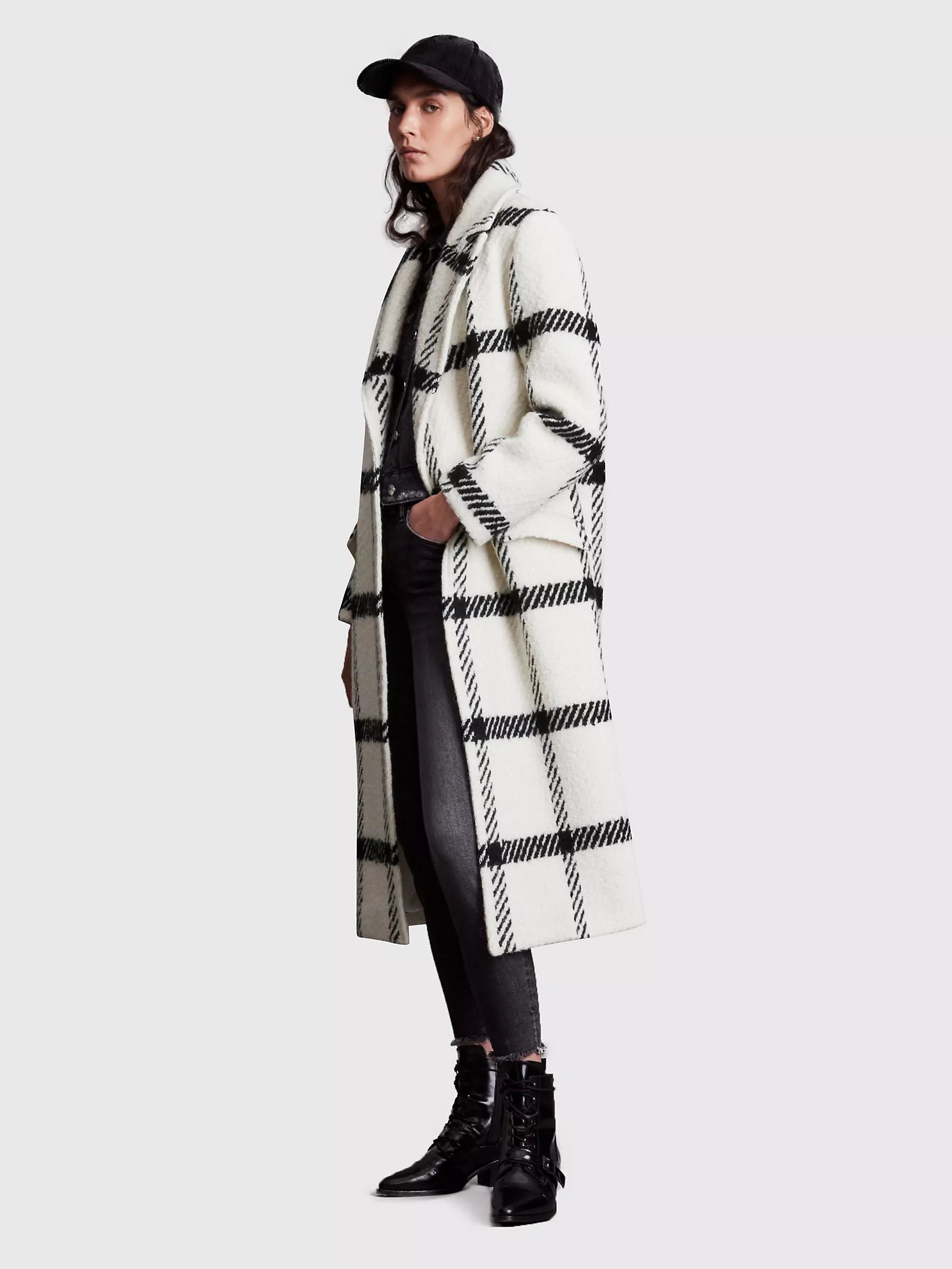 AllSaints Mabel Wool Blend Check Coat, Black/White | John Lewis (UK)