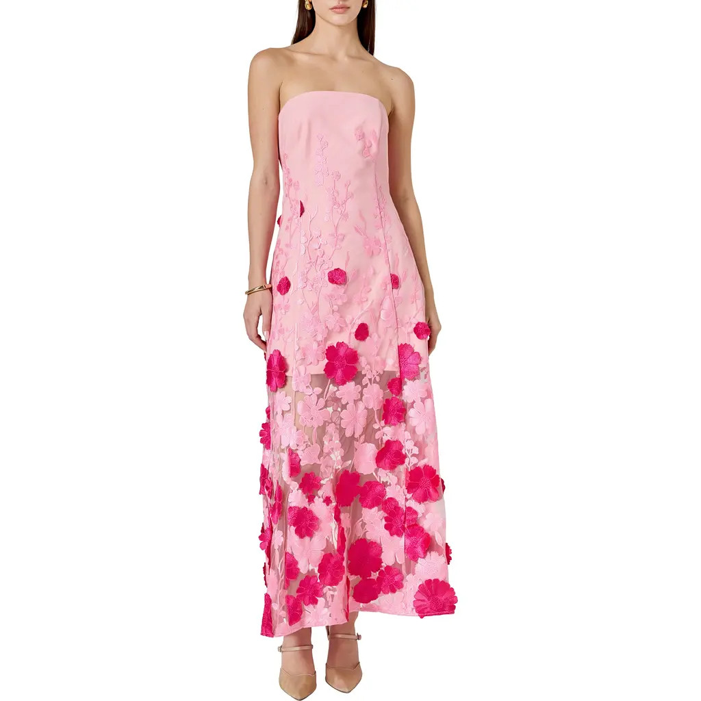 Endless Rose Embroidered 3D Appliqué Strapless Dress in Pink at Nordstrom, Size Small | Nordstrom
