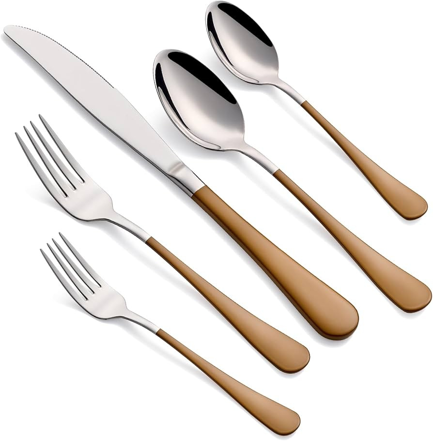 20-Piece Brown Silverware Set for 4, 18/0 Stainless Steel Flatware Cutlery Utensils Set, Include ... | Amazon (US)