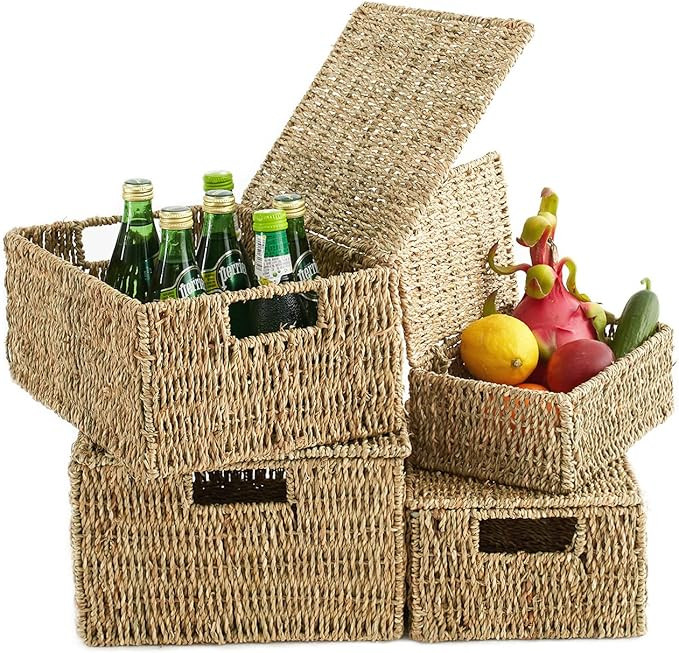 Seagrass Baskets Lids Set of 4 Rectangular Wicker Basket With Lid Woven Grass Storage Multipurpos... | Amazon (US)