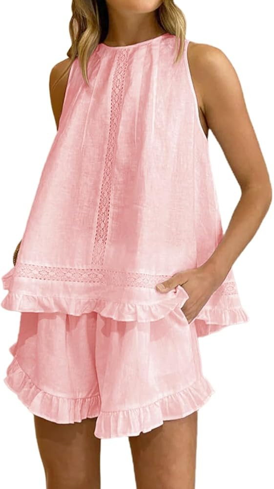 Womens Ruffle Pajamas Set Cotton 2 Piece Short Sets Fashion Summer Sleeveless Lace Trim Top and S... | Amazon (US)