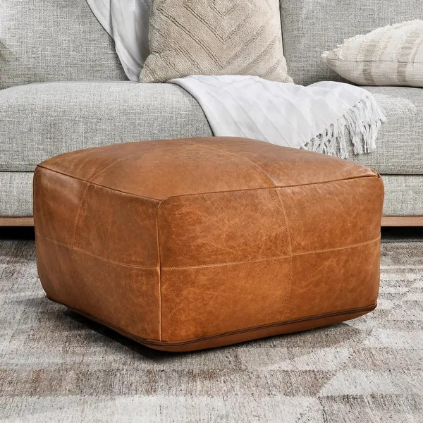 Cheyenne Genuine Leather 24" Square Brown Pouf by Kosas Home - Bed Bath & Beyond - 35880451 | Bed Bath & Beyond