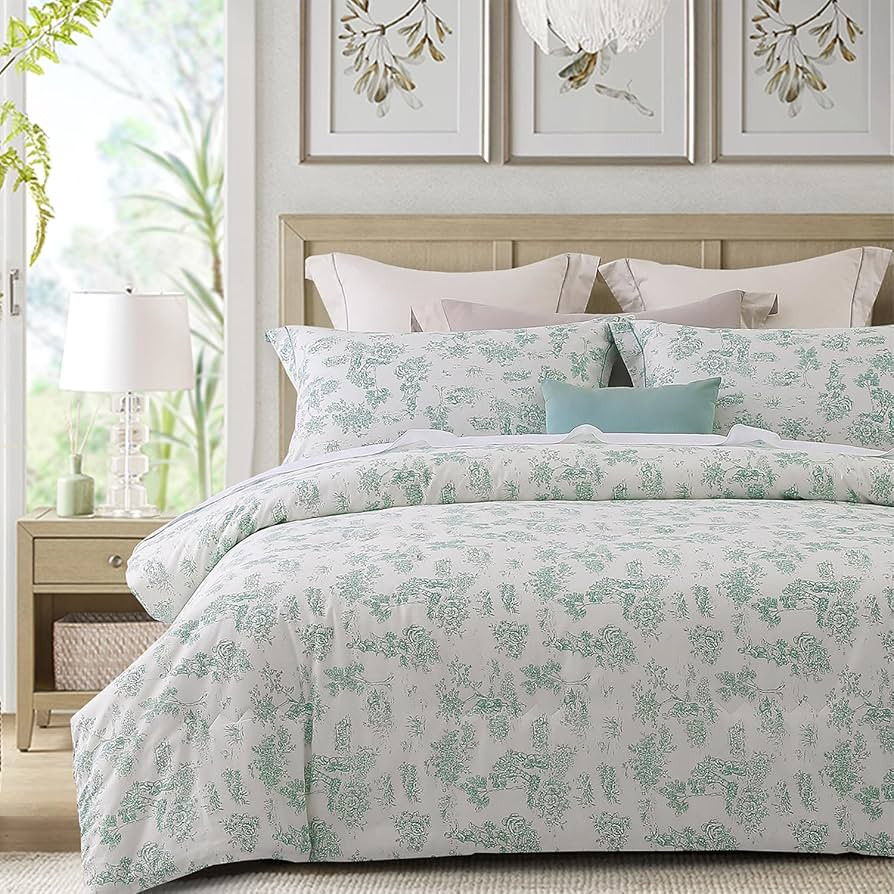 SLEEPBELLA Comforter Queen Size, 600 Thread Count Cotton White Print with Green Trees Pattern Rev... | Amazon (US)