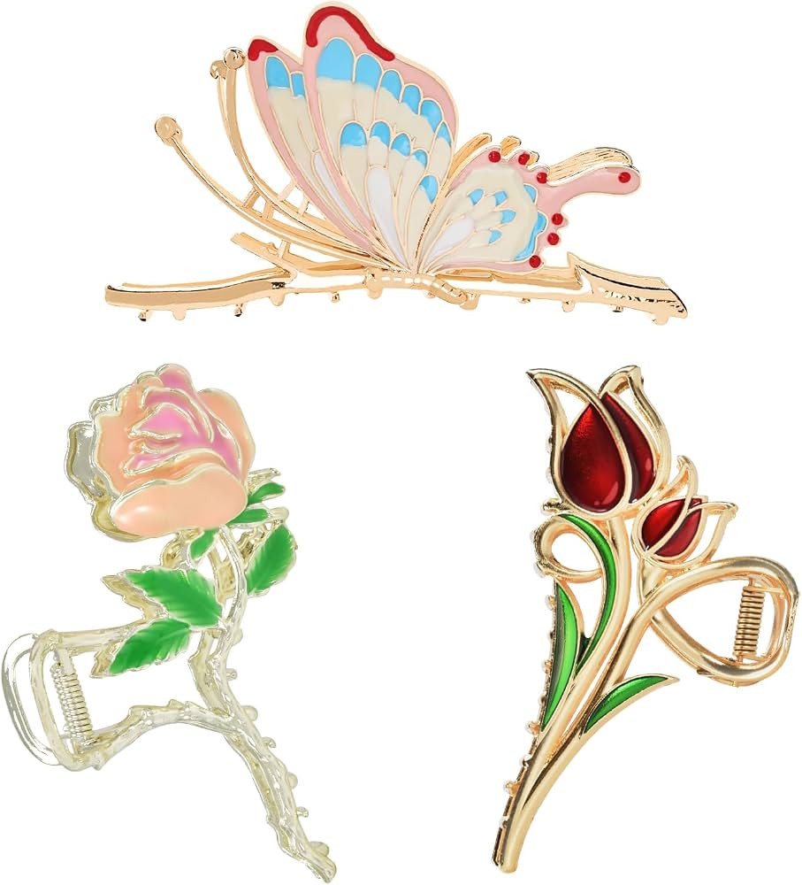 3-Piece Flower Metal Hair Clips, Butterfly Tulip Floral Barrettes for Thin/Medium Thick Hair, Ele... | Amazon (US)