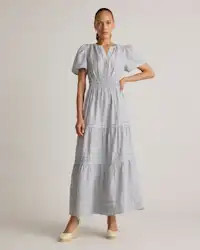 100% European Linen Tiered Maxi Dress in Blue Pinstripe | Quince