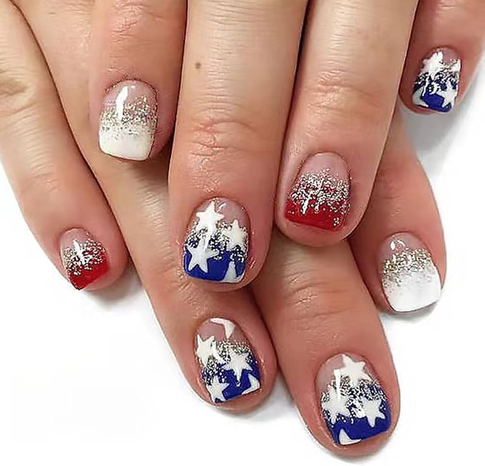 Independence Day Press on Nails Short Length 4th of July Fake Nails Square Glue on Nails American... | Amazon (US)
