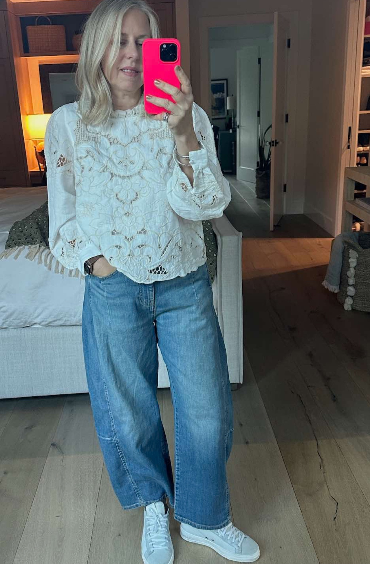 My Anthro barrel jean I love -and a cut work blouse . This is from my Jean trends post on the blog.

#LTKstyletip