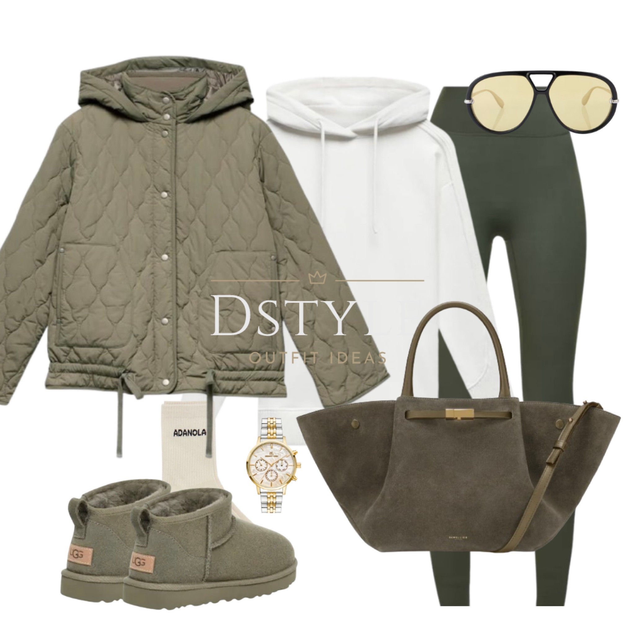 Khaki green quilted hooded jacket, cream knit cotton blend hoodie, dark olive leggings, olive suede bag, UGG classic ultra mini boots

#LTKTravel #LTKStyleTip #LTKItBag