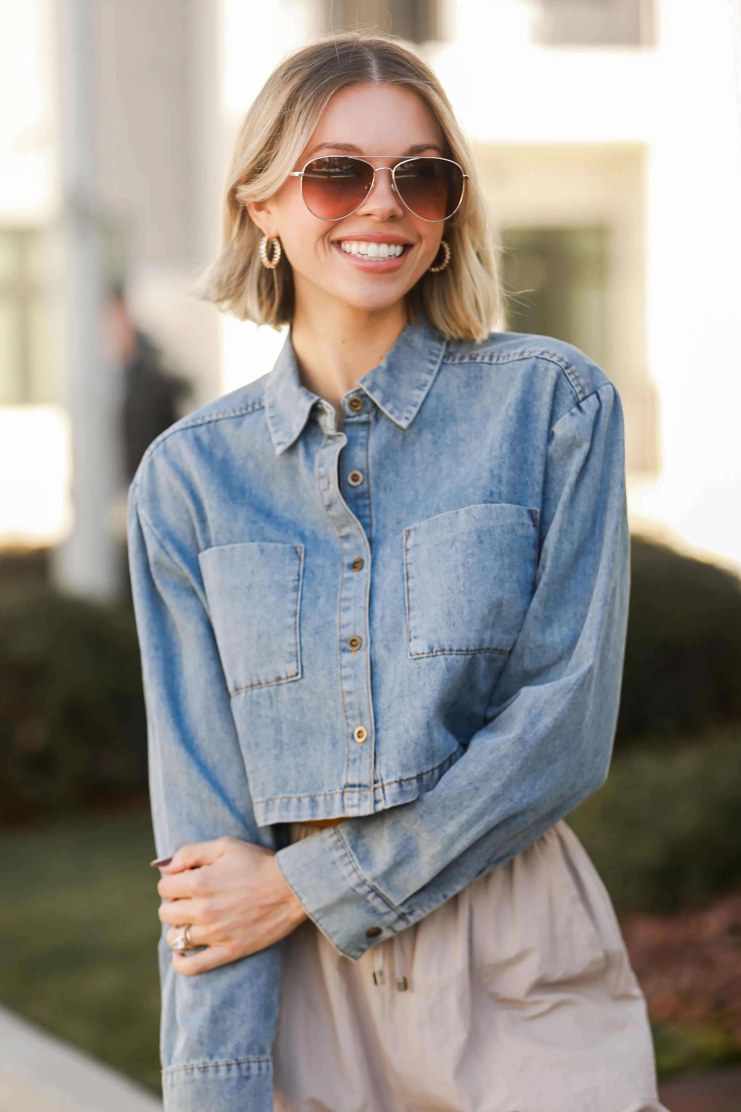 Casually Impressive Grey Denim Cropped Blouse | Dress Up