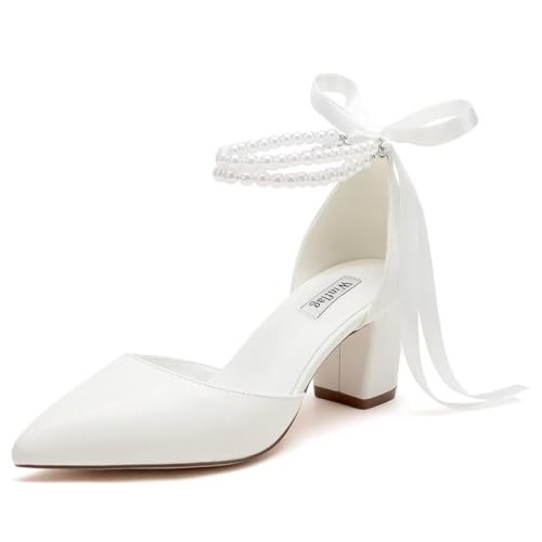 Pearl Wedding Shoes for Bride Block Heel Bridal Shoes Pointed Toe Wedding Heels-Ivory-6cm-8.5 | Amazon (US)