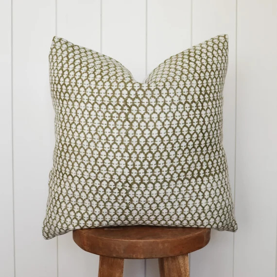Olive Handblock Linen Pillow Cover | Ivory and Olive Green Woodblock Hand Woven | Neutral Home De... | Etsy (US)