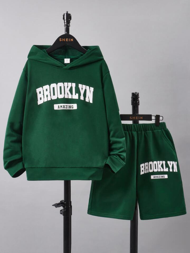 SHEIN Kids EVRYDAY Tween Boy Letter Graphic Drop Shoulder Hoodie & Shorts | SHEIN