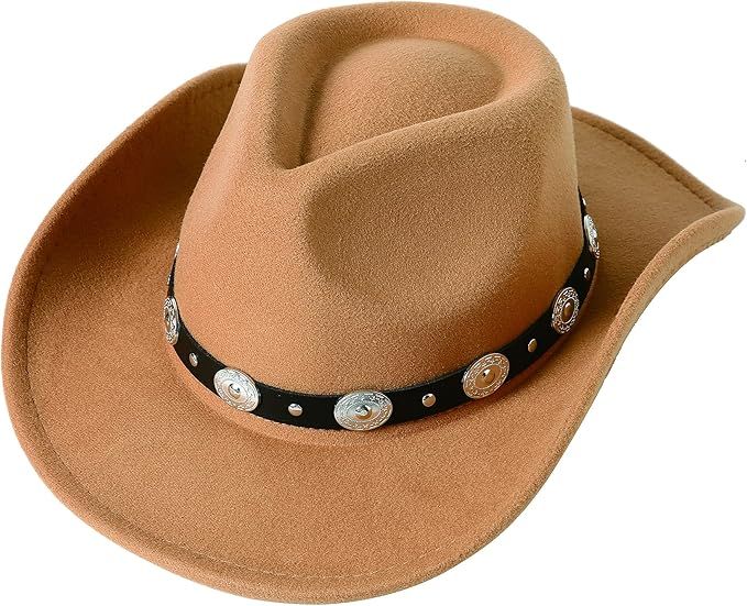 Lanzom Women Men Felt Wide Brim Western Cowboy Hats Belt Buckle Panama Hat | Amazon (US)