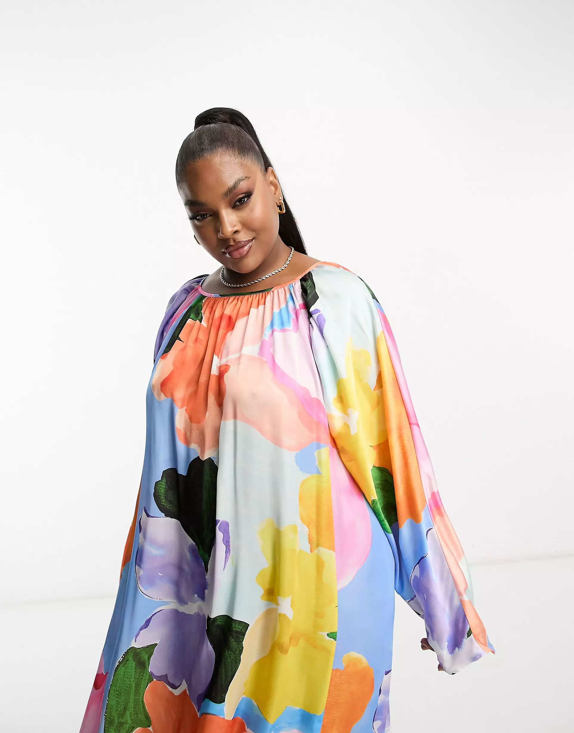 ASOS DESIGN Curve washed satin volume sleeve midaxi dress in abstract print | ASOS (Global)