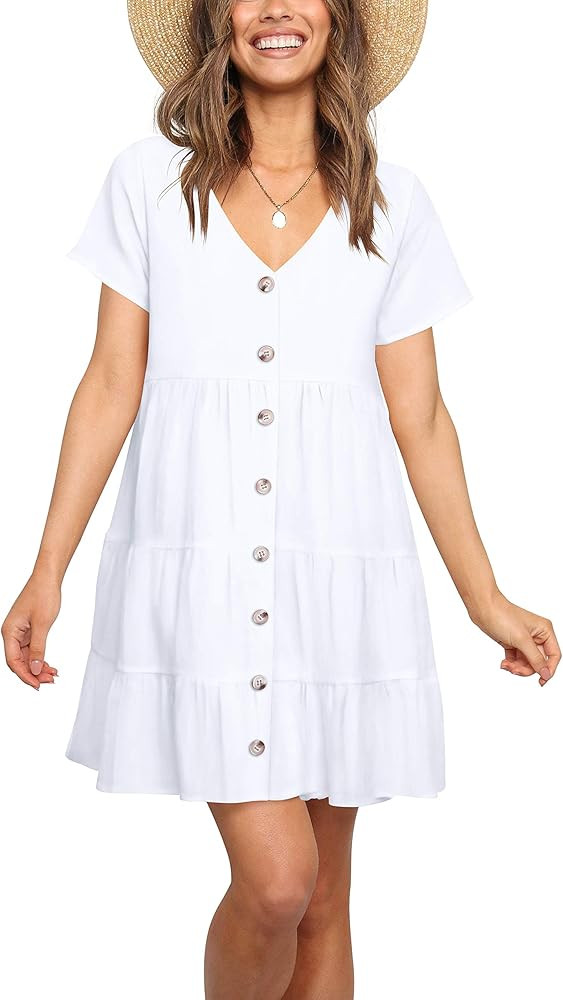 Nova In Sky Women's Casual Summer V Neck Short Sleeve Button Down Ruffle Hem Flowy Swing Shift Dr... | Amazon (US)