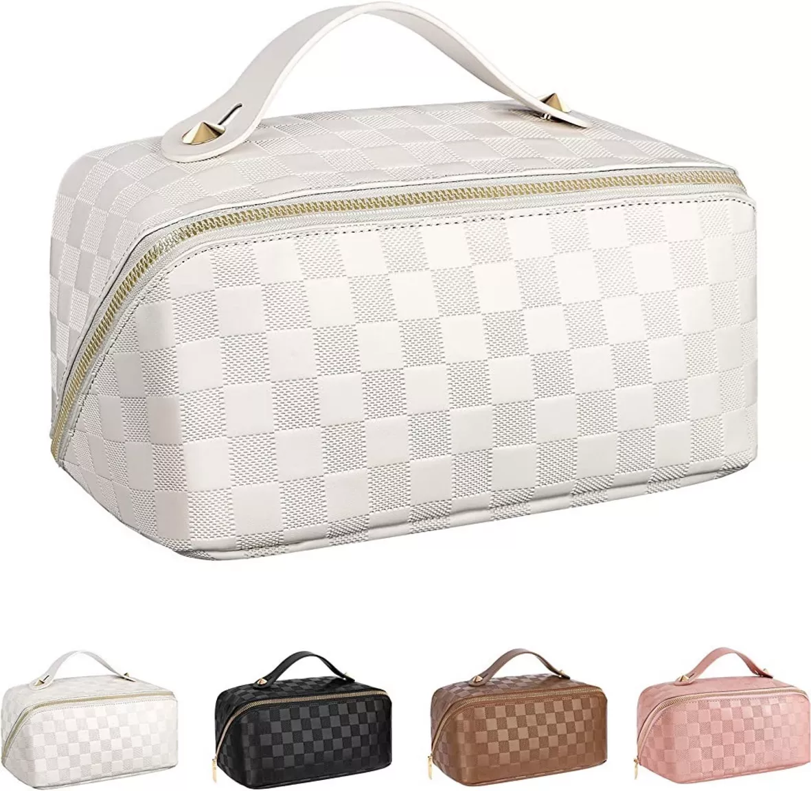 Preppy Pink White Checkered Large Makeup Bag Leather Travel Cosmetic  Organize