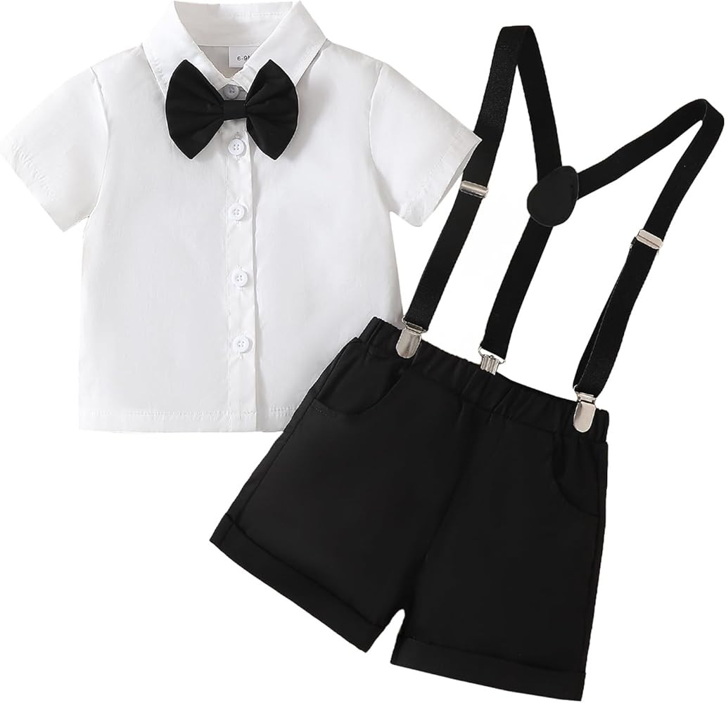 Baby Boys Formal Suit Set Short Sleeve with Bowtie Suspender Shorts Pants Outfits Toddler Clothes | Amazon (US)
