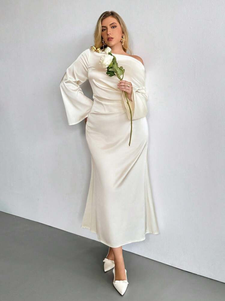 Auralis Plus-Size Elegant Ladies Dress, Flared Sleeve Long Sleeve Dress, Satin Dress, Elegant Party Dress, Date Dress,Summer Dresses For Women Birthday Dresses For Women,White Dresses Classy Elegant Fall Women Clothes,Wedding Guest Dress,Homecoming Dress | SHEIN