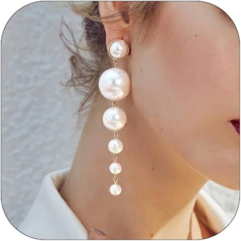 Long Pearl Drop Dangle Earrings for Women Pearl Hoop Stud Earring Boho Chandelier Pearl Chain Ear... | Amazon (US)