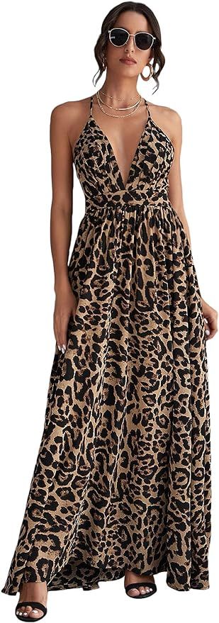Floerns Women's Deep V Neck Leopard Crisscross Backless Beach Maxi Dress | Amazon (US)