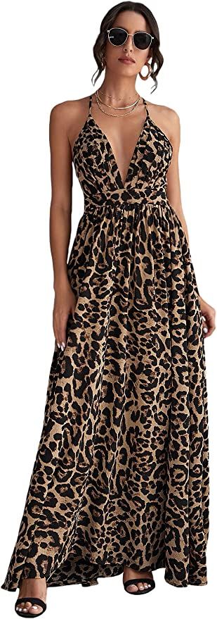 Floerns Women's Deep V Neck Leopard Crisscross Backless Beach Maxi Dress | Amazon (US)