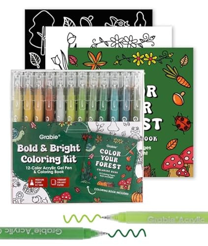 Grabie 12Colors Acrylic Gel Pens&Coloring Book, Medium Point Colored Gel Pens, Acrylic Gel Ink Pen Assorted Colored for Drawing, Note Taking, Bold&Bright Coloring Kit, Set of 12 (Forest Colors) | Amazon (US)