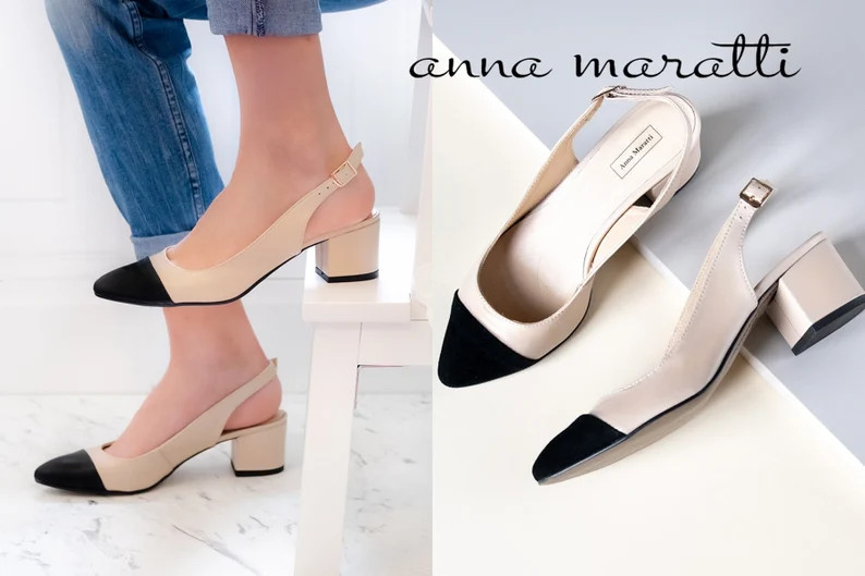 Ella - leather block heels,two-tone pumps,beige with black shoes,pointed toe slingback,closed toe... | Etsy (CAD)