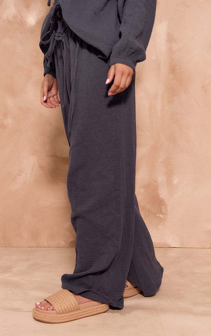 Dark Blue Textured Cheesecloth Wide Leg Pants | Pretty Little Thing (Australia & New Zealand)