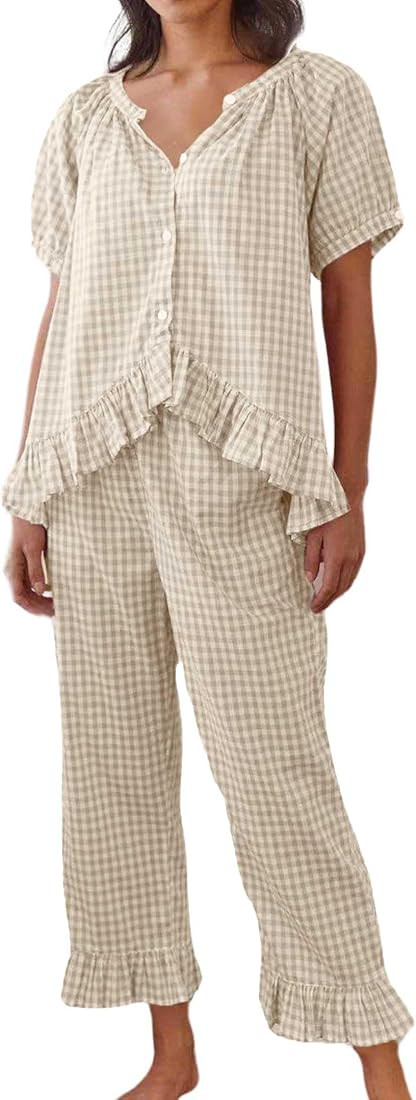Womens Gingham Pajama Set 2 Piece Short Sleeve Babydoll Shirt and Pants Lounge Set Cute Sleepwear | Amazon (US)