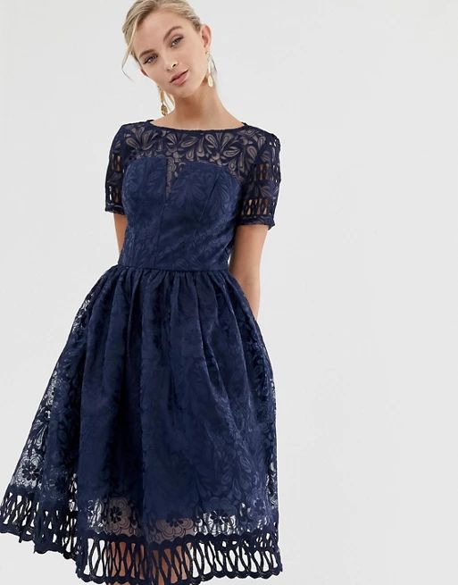 Chi Chi London premium lace dress with cutwork detail and cap sleeve in navy | ASOS UK