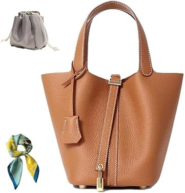 Genuine Leather Bucket Bag for Women: Lock Design Shoulder Handbag Versatile Top-Handle Tote Fashionable Vegetable Basket | Amazon (US)