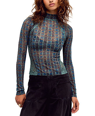 Women's Lyric Sheer Mesh Floral-Print Mock Neck Top | Macy's