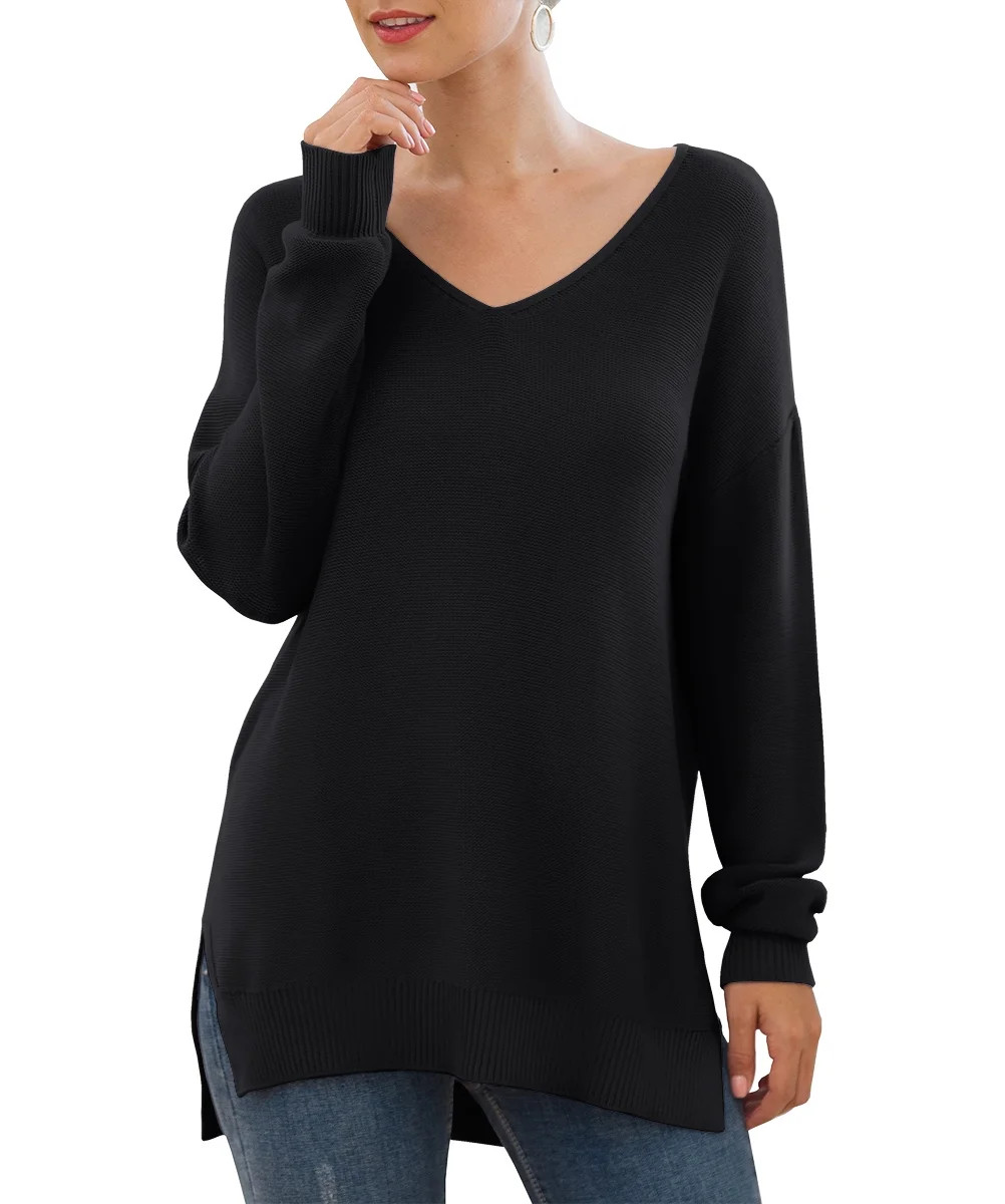 JWD Women's V-Neck Long Sleeve Side Split Loose Casual Knit Pullover Sweater Blouse Black-Medium | Walmart (US)