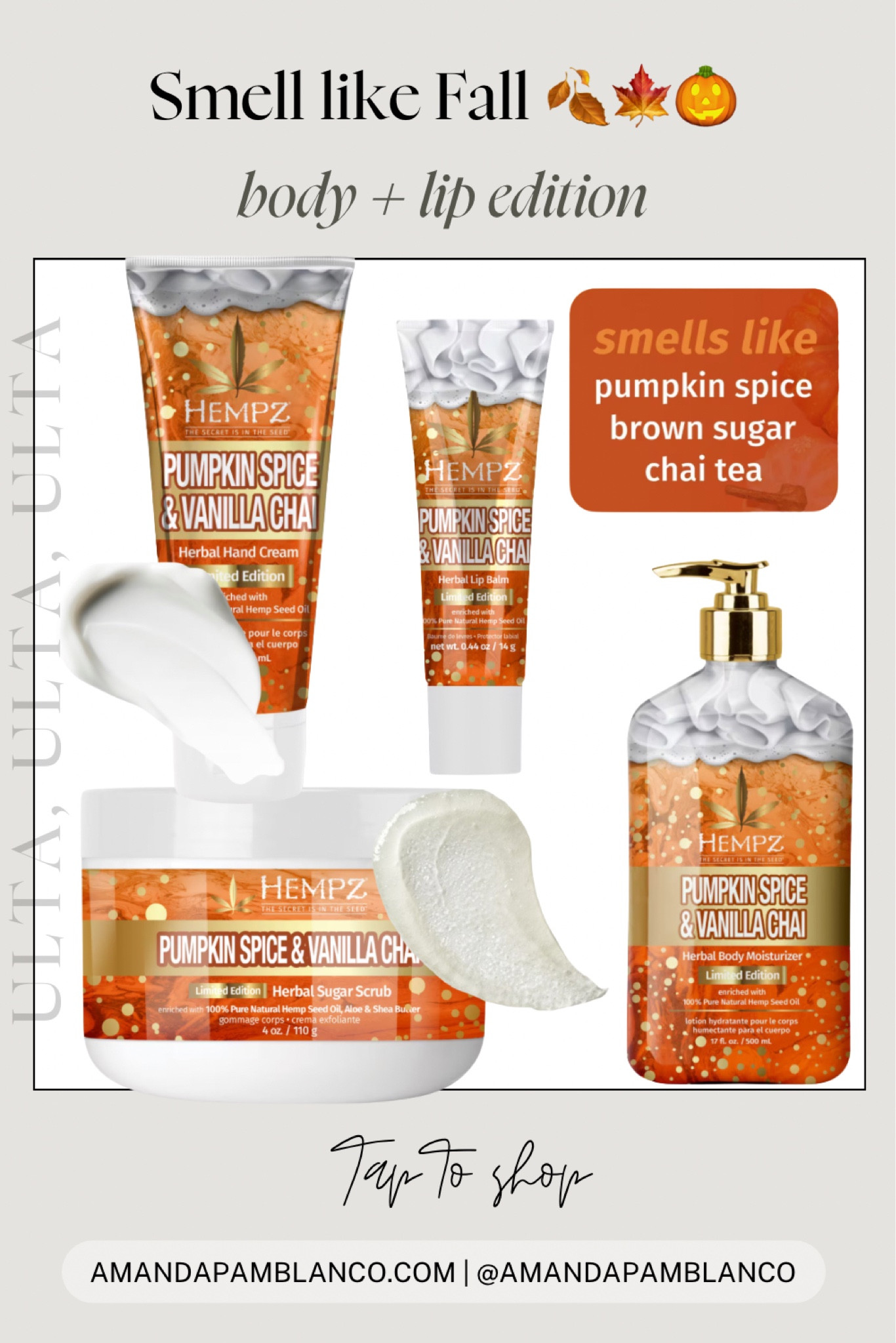 Smell like Fall with these seasonal fall scents from Hempz! 

This pumpkin spice and vanilla chai scent comes in a body lotion, hand cream, lip gloss and body scrub! 

#LTKBeauty