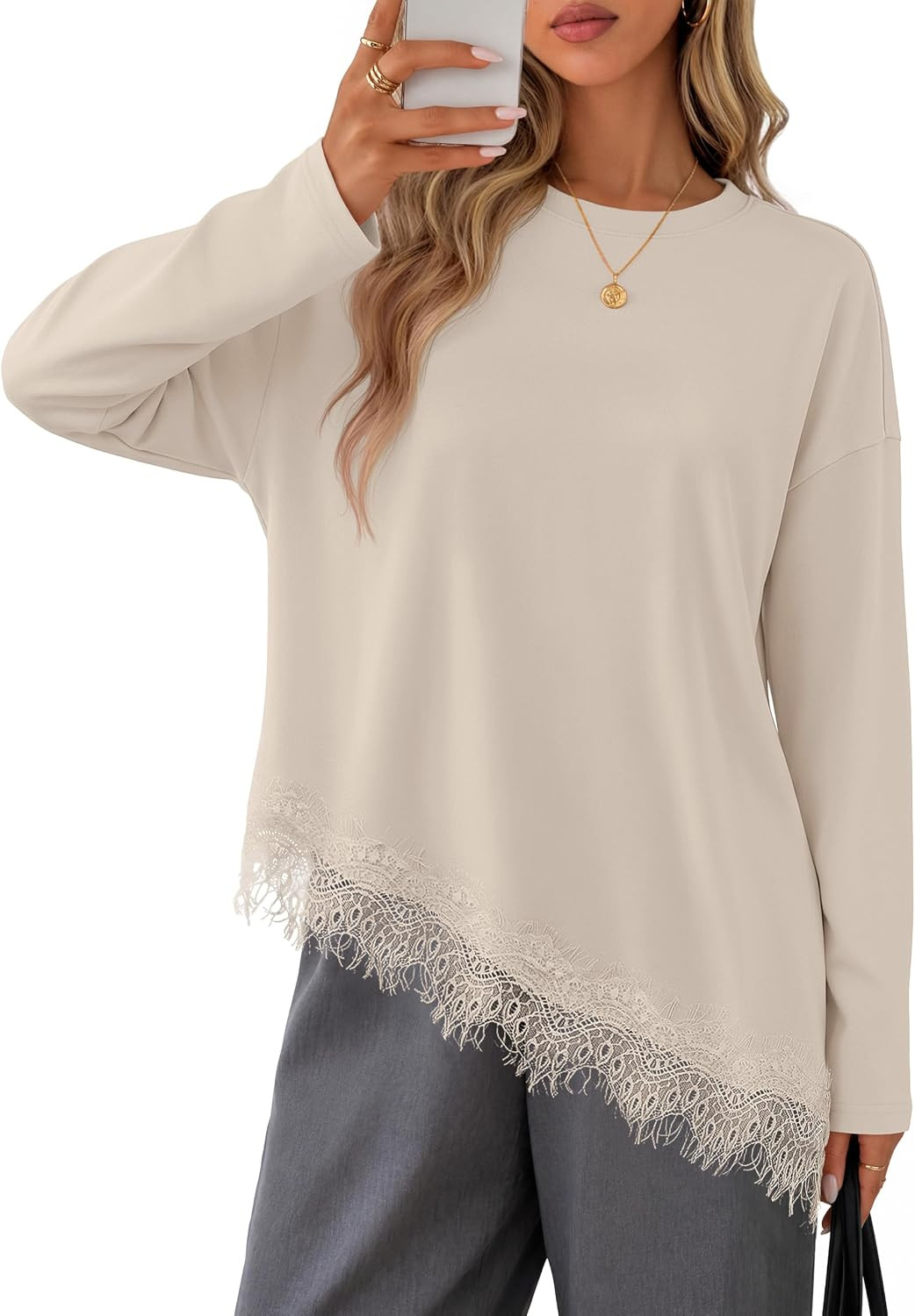MEROKEETY Womens Fall Asymmetric Lace Long Sleeve Top Casual Cute Shirts | Amazon (US)