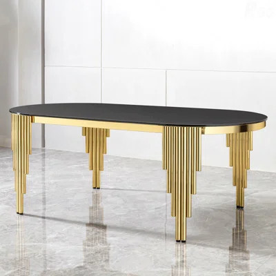 79.53"Lx39.37"Wx29.53"H Oval Dining Table Black Glass Top Gold Stainless Steel Base | Wayfair North America