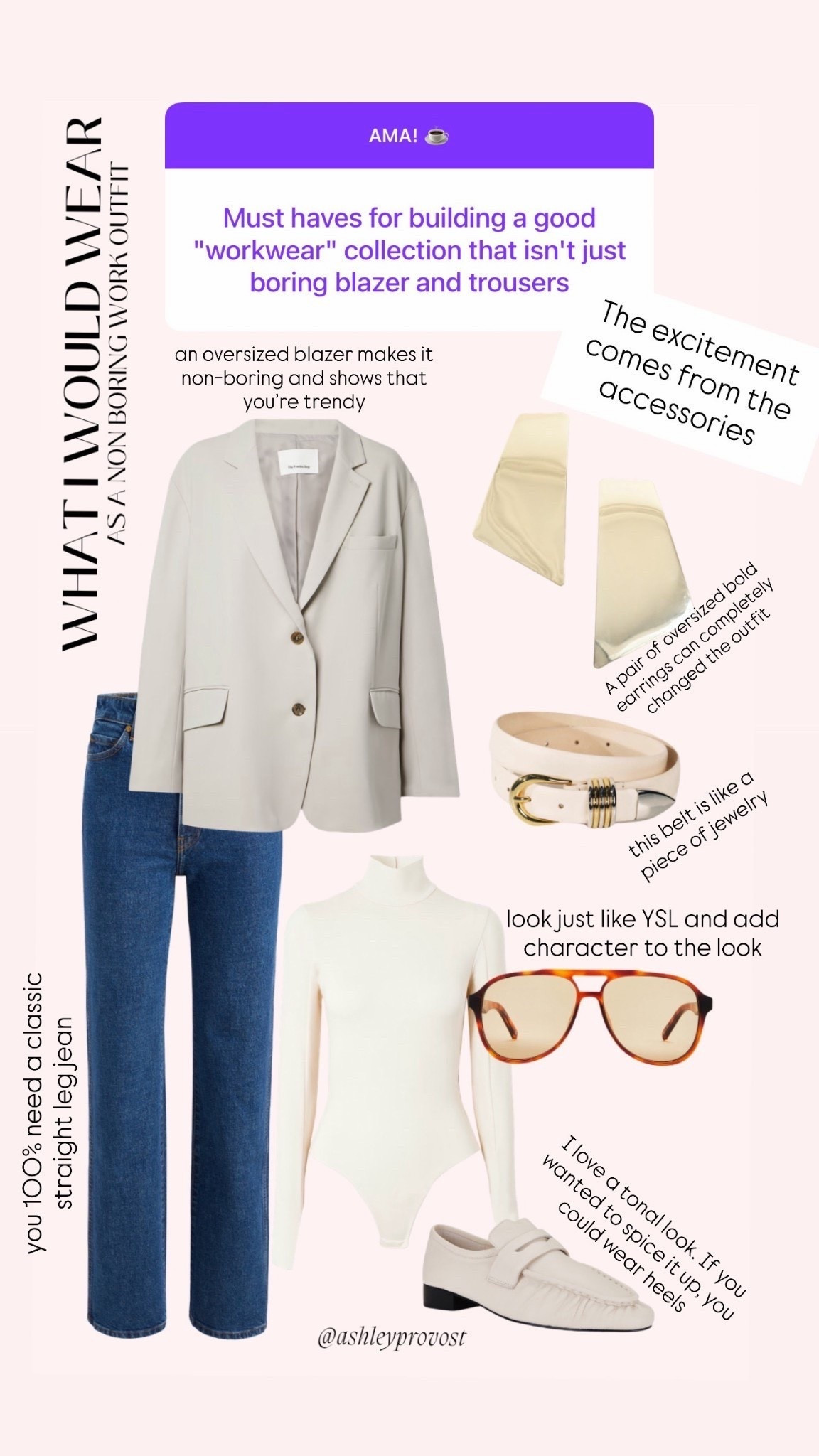 Might take on a non-boring outfit. Without the accessories, it would definitely be boring, but once you add some bold oversized earrings, a belt that looks like art, and some trendy sunglasses, it completely transforms the outfit. And the great part is you can re-wear this outfit so many different ways just by changing the accessories. You could also add  a pop-up color with a sweater over the shoulders



#LTKOver40 #LTKWorkwear #LTKstorytime