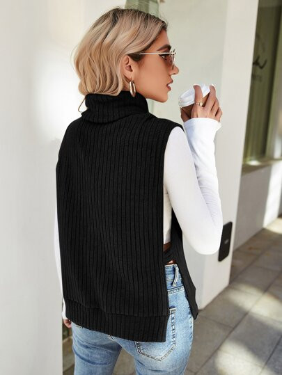 Turtleneck Ribbed Knit Split Hem Tank Top Without Tee | SHEIN