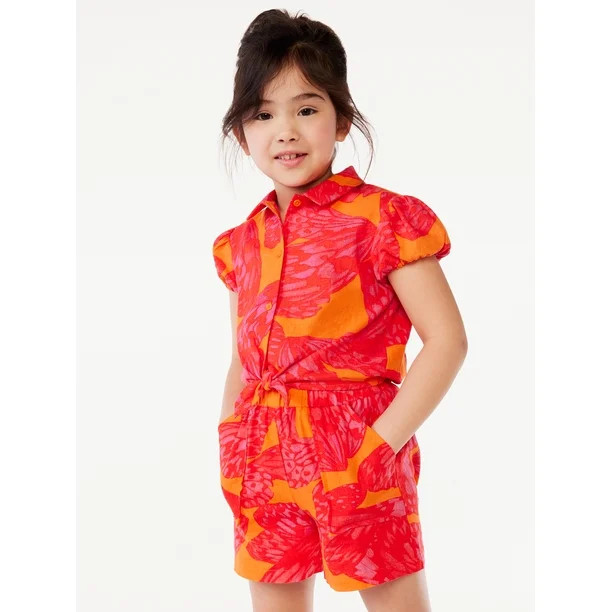 Scoop Girls Short Sleeve Linen Blend Shirt with Tie Front, Sizes 4-16 | Walmart (US)