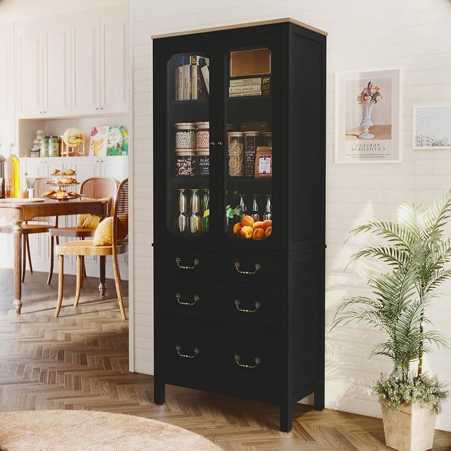 HLR 72" Kitchen Pantry Storage Cabinet with Glass Doors, Modern Farmhouse Pantry Cabinet with 3 D... | Amazon (US)