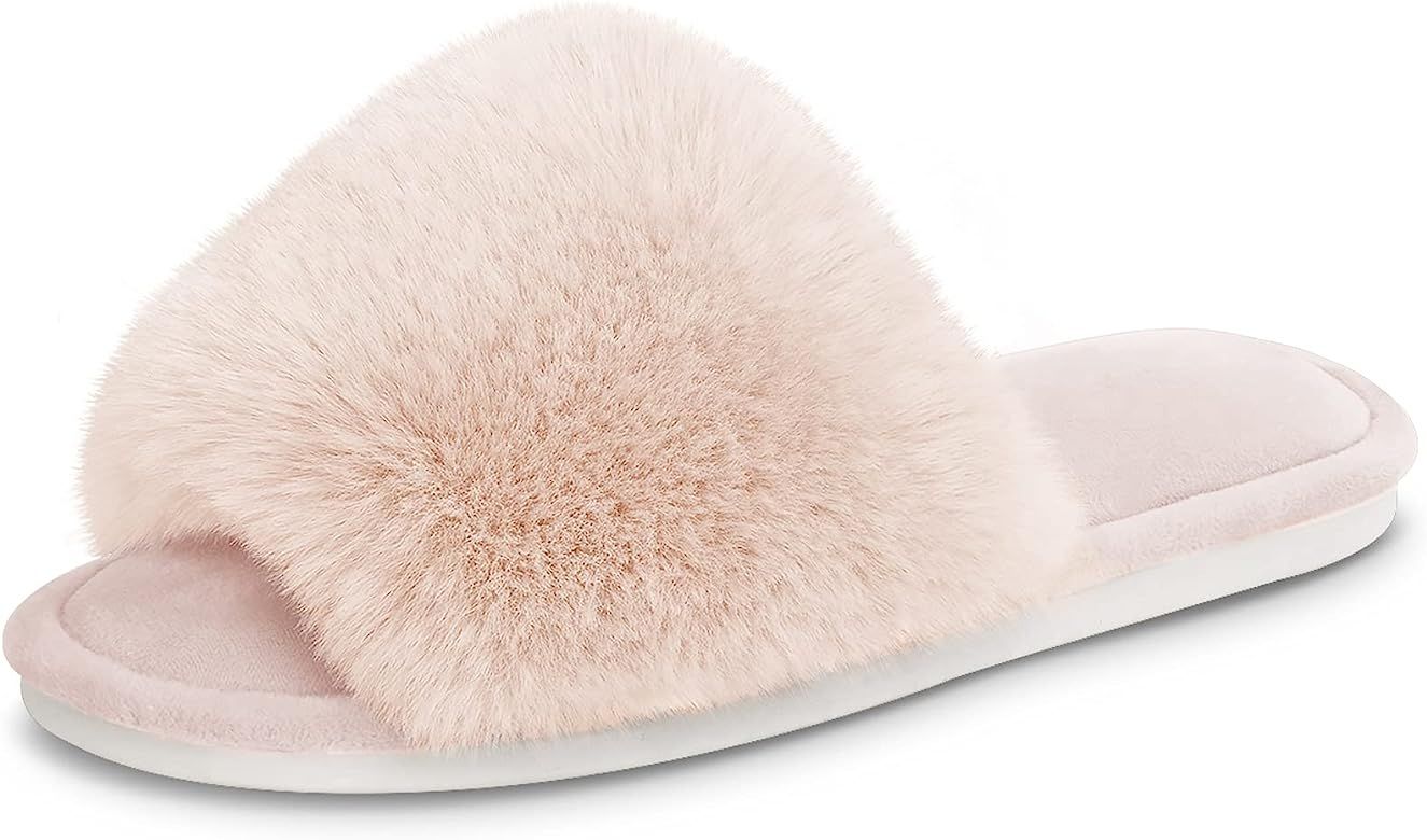 Amazon.com | Women's Faux Fur Slippers Fuzzy Flat Spa Fluffy Open Toe House Shoes Indoor Outdoor ... | Amazon (US)