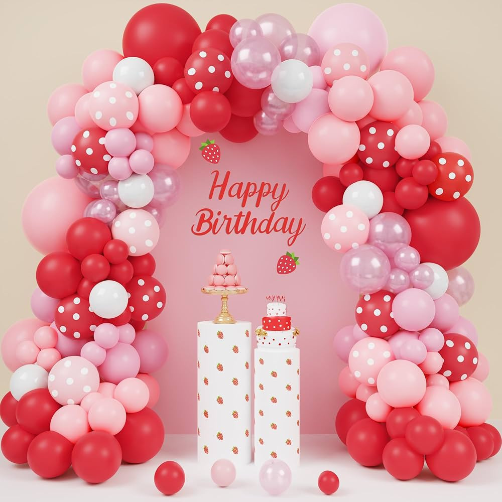 Ouddy Life Strawberry Balloon Garland Arch Kit, 171pcs Strawberry Party Decoration Red Pink Polka... | Amazon (US)
