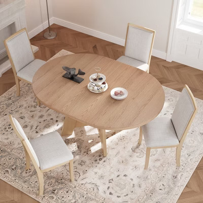 Farmhouse Extendable Round Dining Table Set for 4, Kitchen Table Set with Removable Leaf and 4 Upholstered Dining Chairs, Natural+Beige | Target