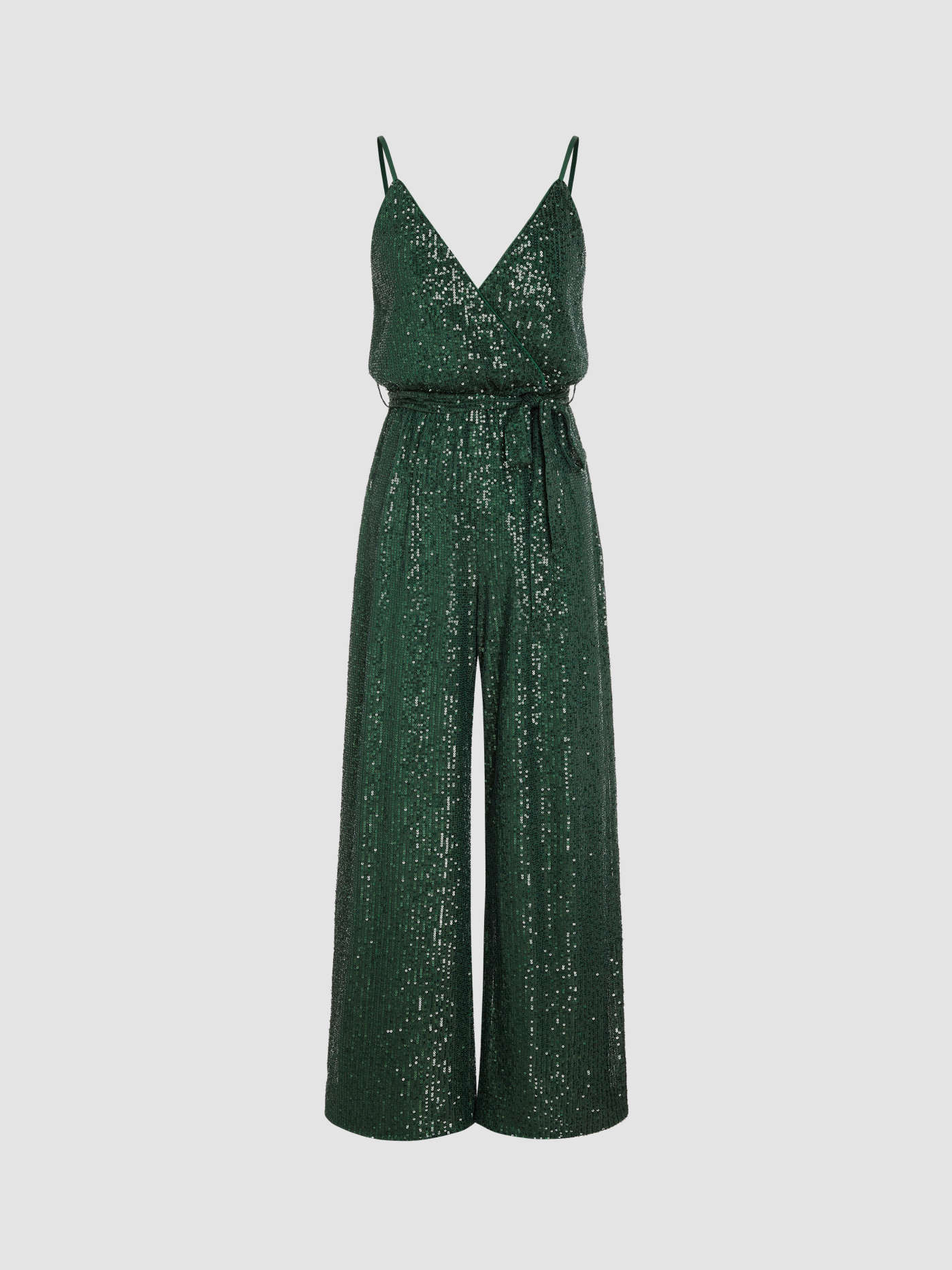 Sequins Sequin V-neck Solid Belted Wide Leg Jumpsuit | Cider